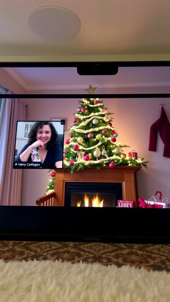 Zoom meeting with a Christmas tree and fireplace background, creating a festive atmosphere.